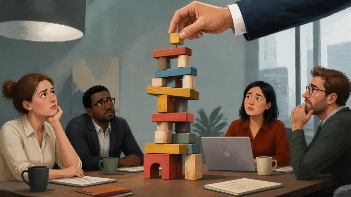 A final block being placed on an unstable tower as coworkers watch cautiously
