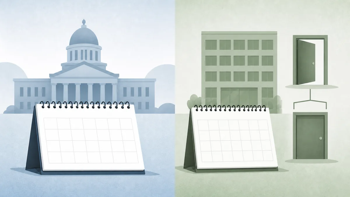 Calendars comparing a government holiday with a company's separate open-or-closed choice