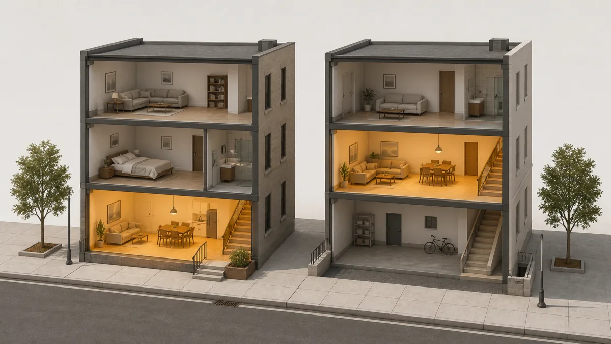 Two building cutaways highlighting street level in one and the level above it in the other