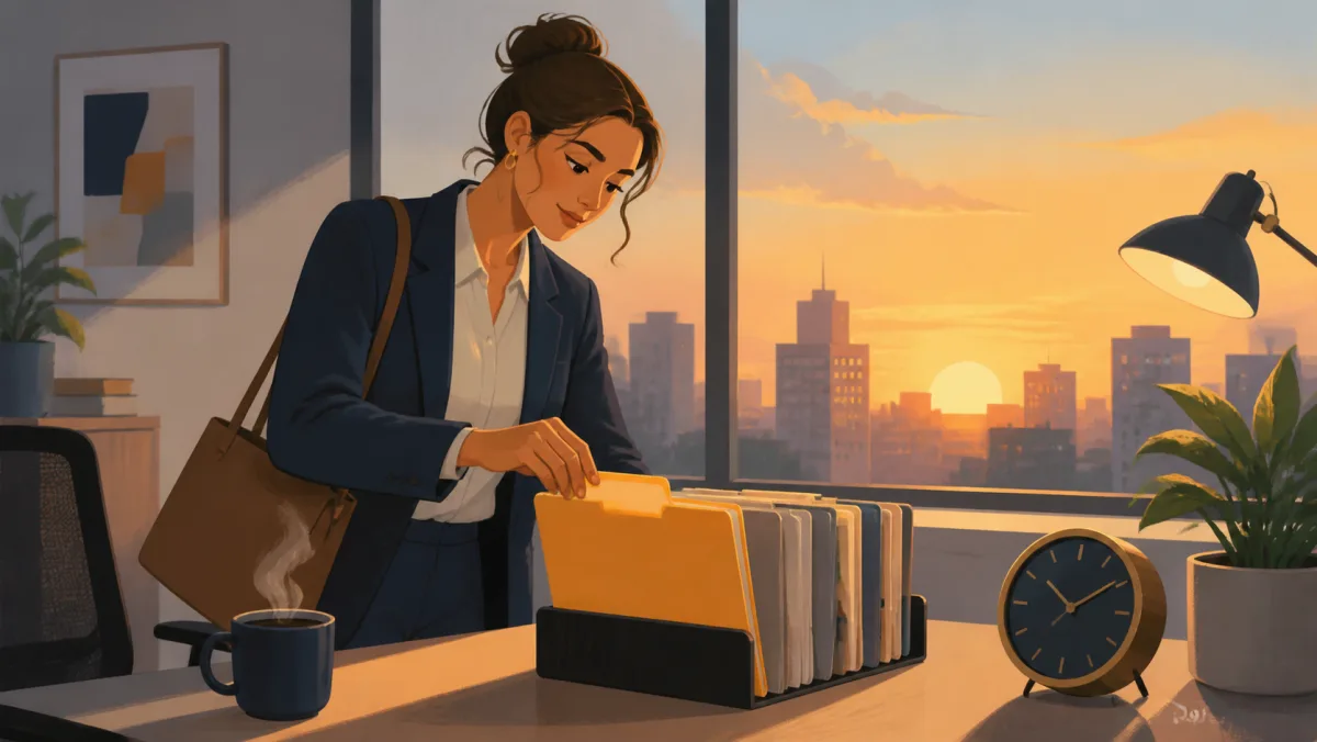 An employee arriving at sunrise and selecting the first priority folder of the day