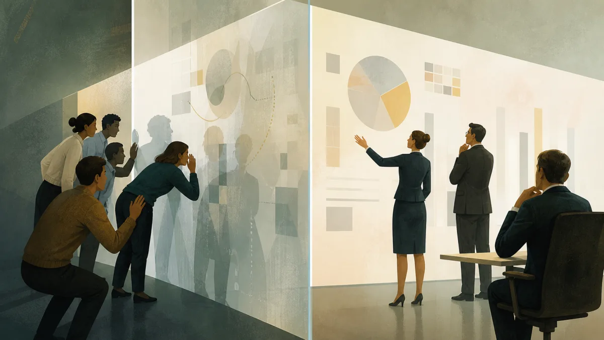 Leaders presenting abstract business charts while coworkers look through a translucent panel for detail