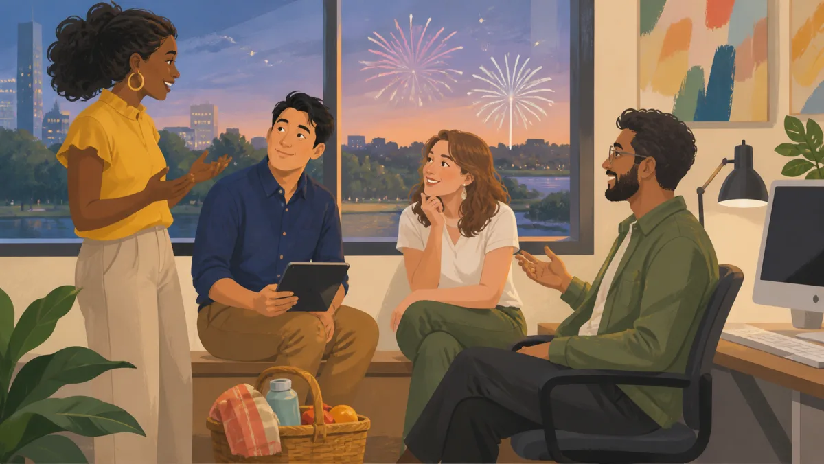 Coworkers discussing summer plans near a window with distant fireworks and a picnic bag