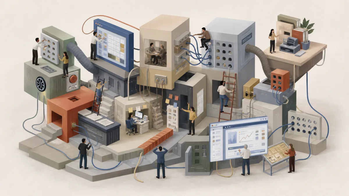A sprawling workplace system assembled from mismatched modules, screens, and cables