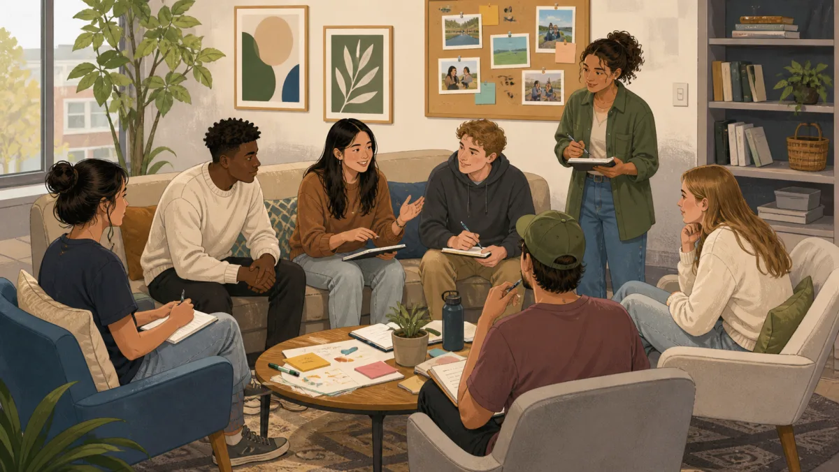 A varied group of students planning community activities in a shared campus lounge