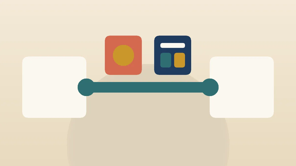 A smooth teal bridge joins two cream cards while one coral card changes its surface and one navy frame is rebuilt underneath