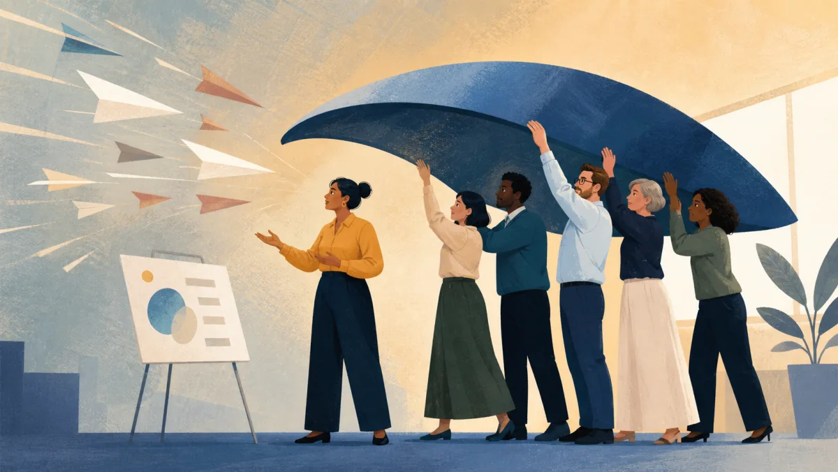 A team holding a broad protective canopy behind a colleague presenting a difficult proposal