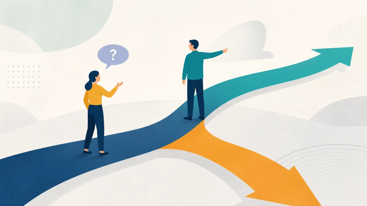 A project path forking as leadership redirects the route and an employee asks for clarity