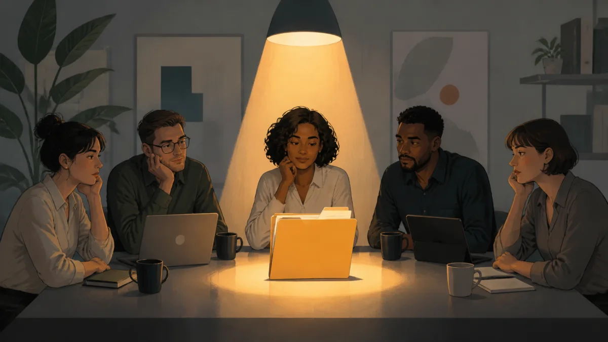 One project folder under a spotlight while the full team remains visible