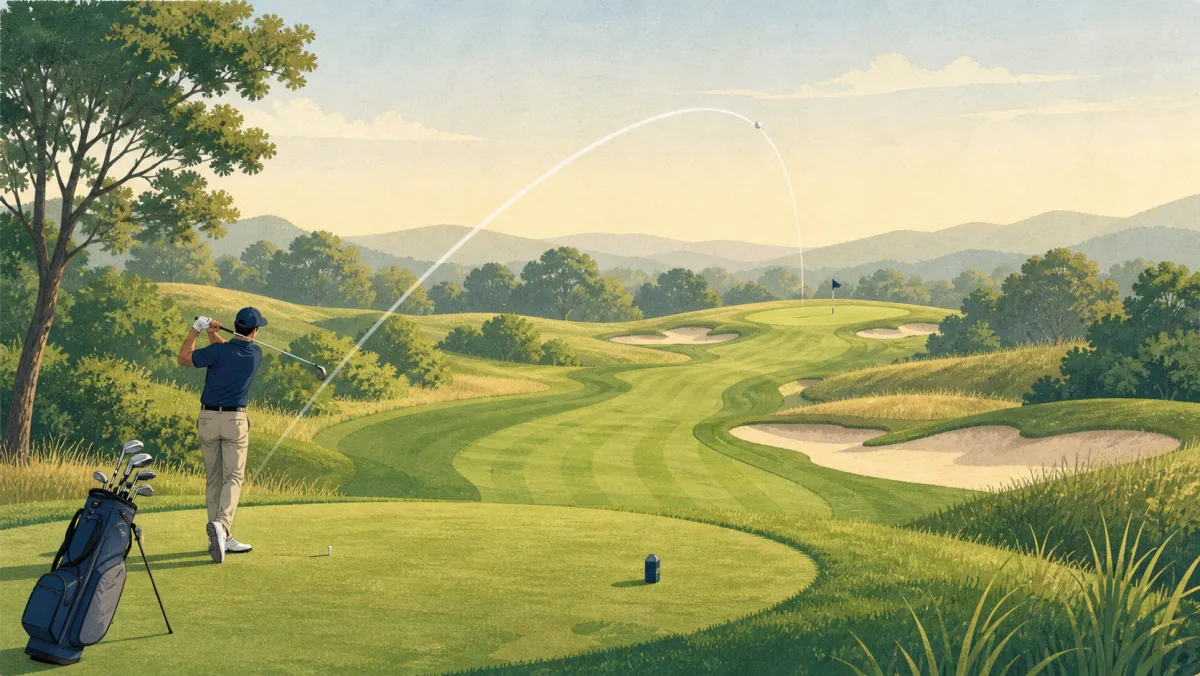 A generic golfer following a ball's arc from the tee toward a distant green