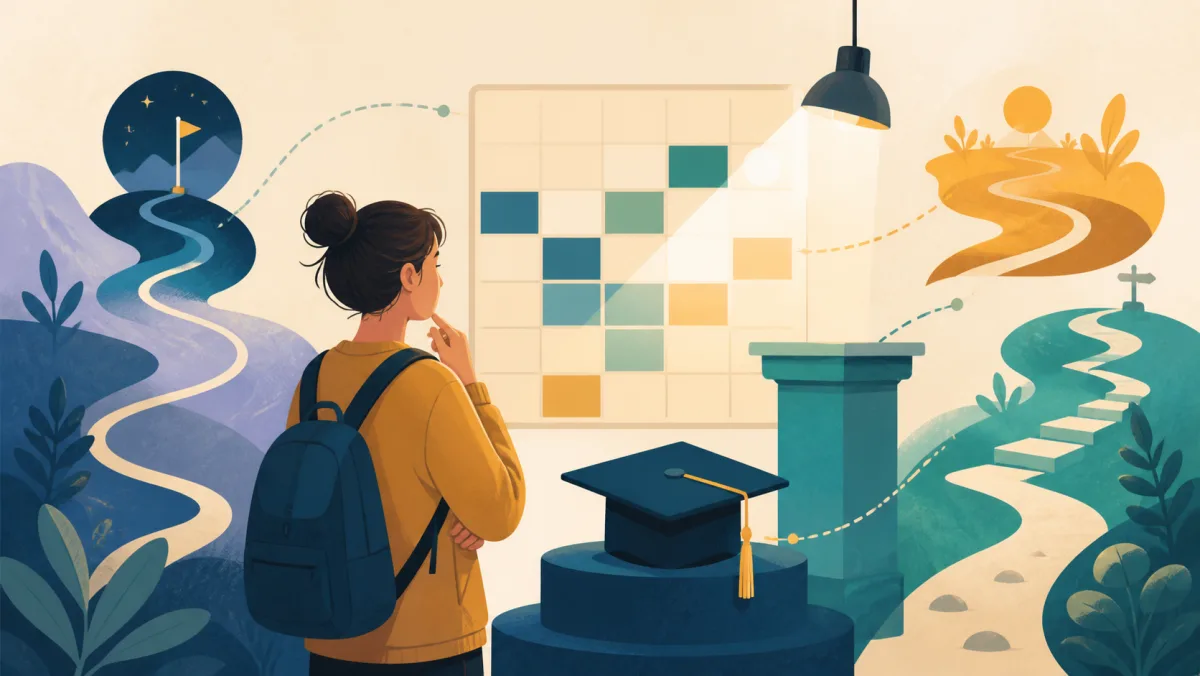 A student considering varied achievement paths beside an abstract grade grid and graduation cap