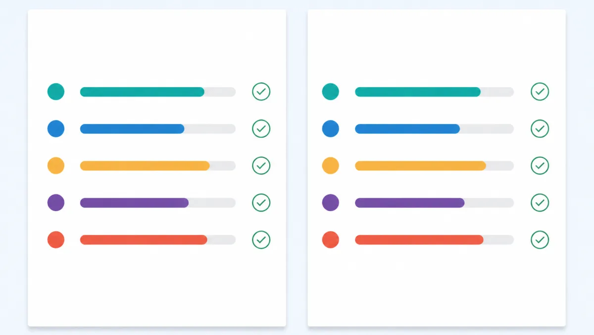 Two identical abstract assessment cards with colored bars and checkmarks