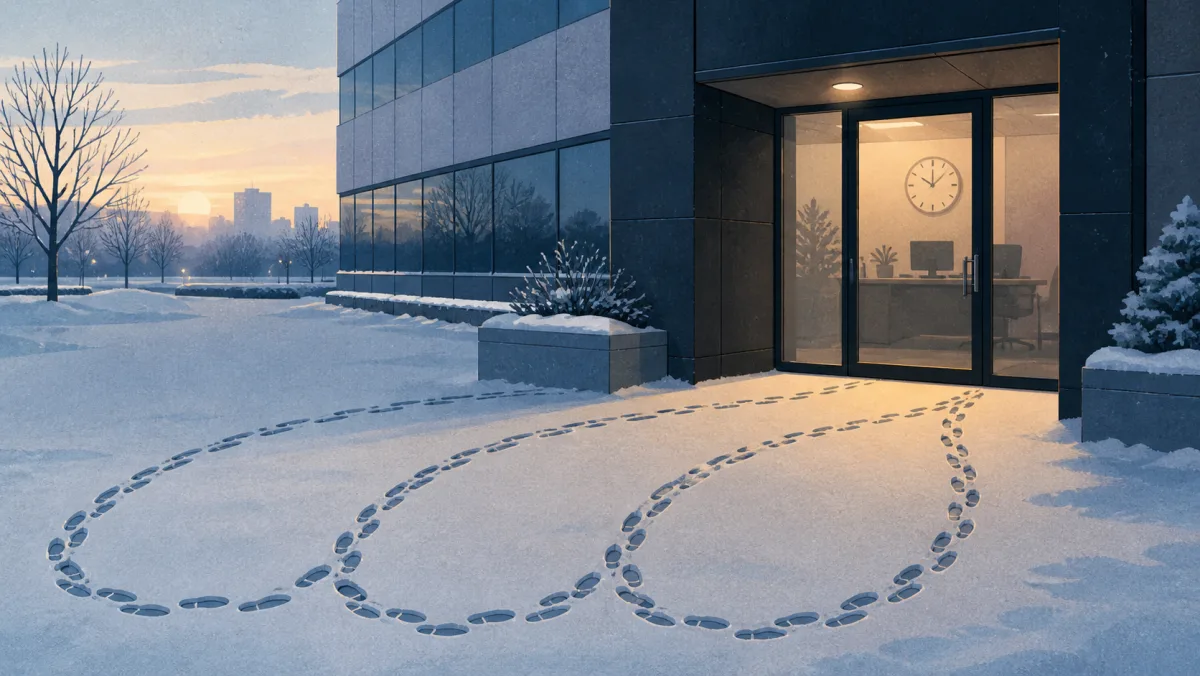 Looping sets of footprints returning to the same snow-covered office entrance at dawn