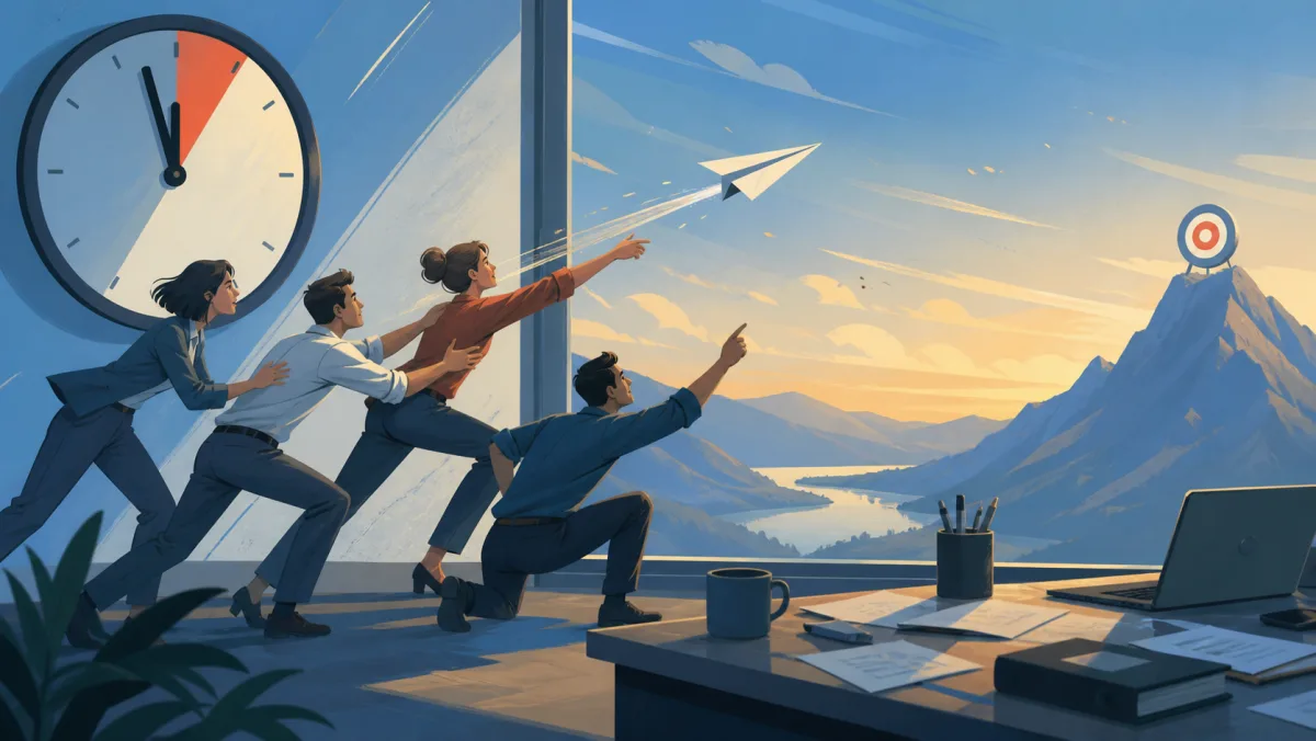 A team launching one last project paper plane toward a distant target before a deadline
