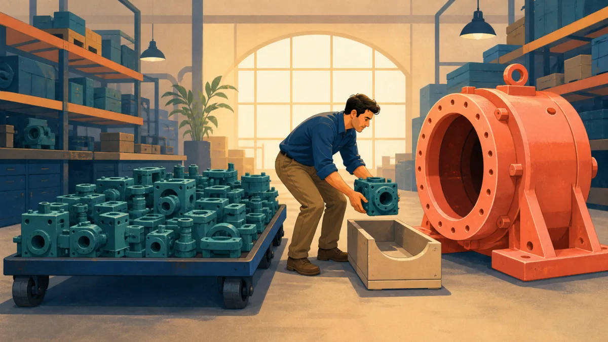 A professional removes one teal component from a full platform to make room for a large coral machine part