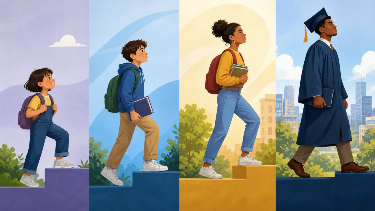 Four students progressing through sequential school-year steps toward graduation