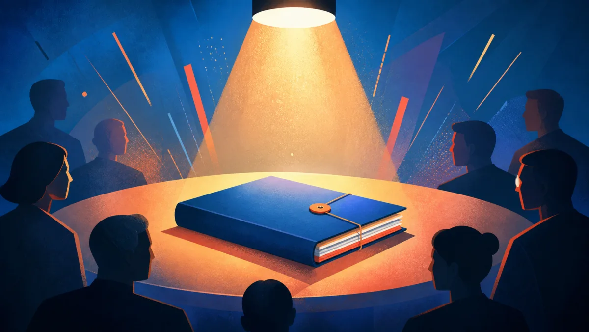 A project folder illuminated by a spotlight as an audience gathers around a presentation table