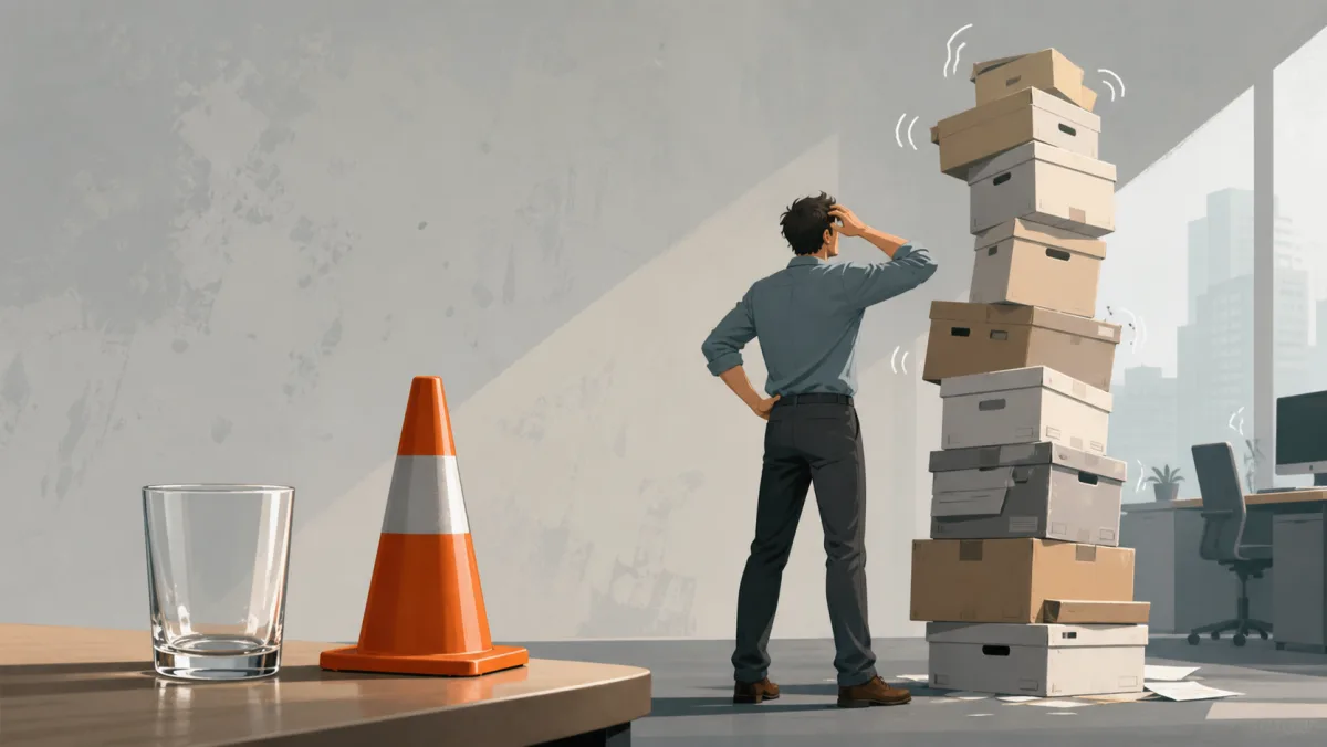 A worker pauses before an unstable stack of office boxes beside a warning cone and an empty glass