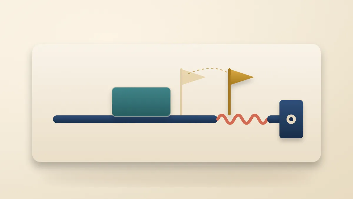 A timeline board with one anchored end marker, a shaded protected block, a short elastic segment, and a goal marker that has shifted from its faded earlier position