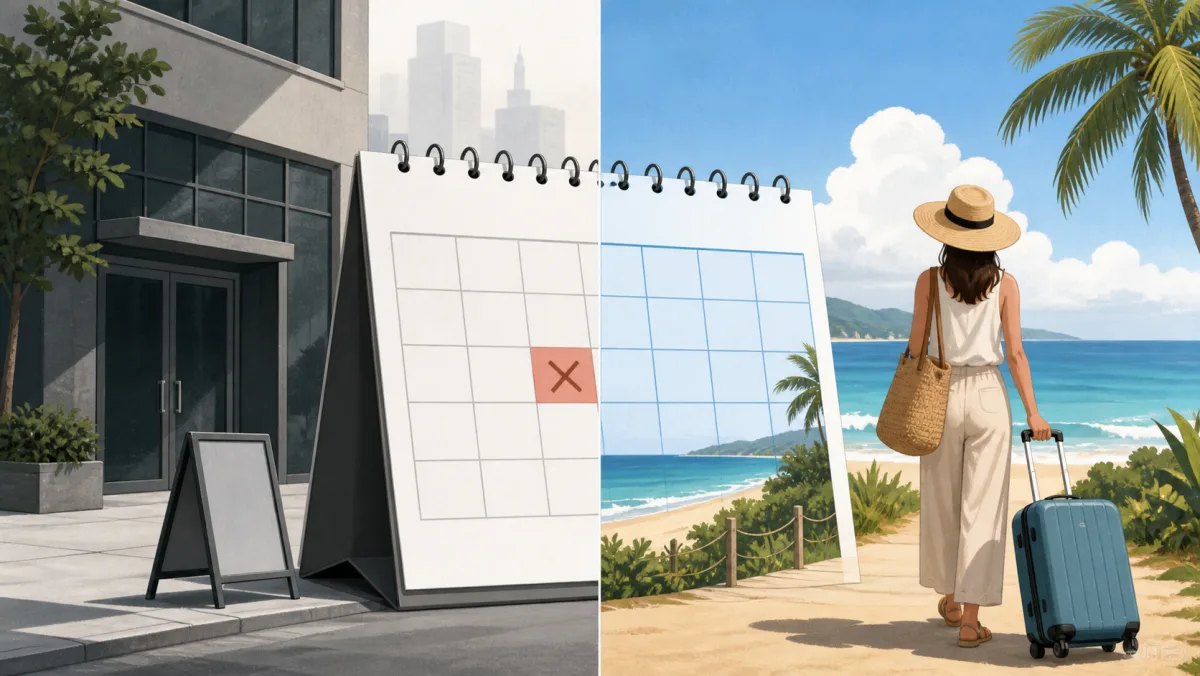 A split scene contrasting a closed office calendar day with a traveler beginning a beach vacation