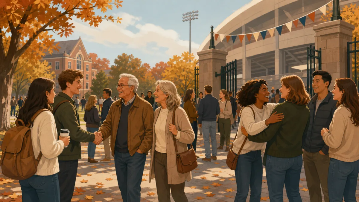 Current students and returning alumni greeting one another outside a generic campus stadium in autumn