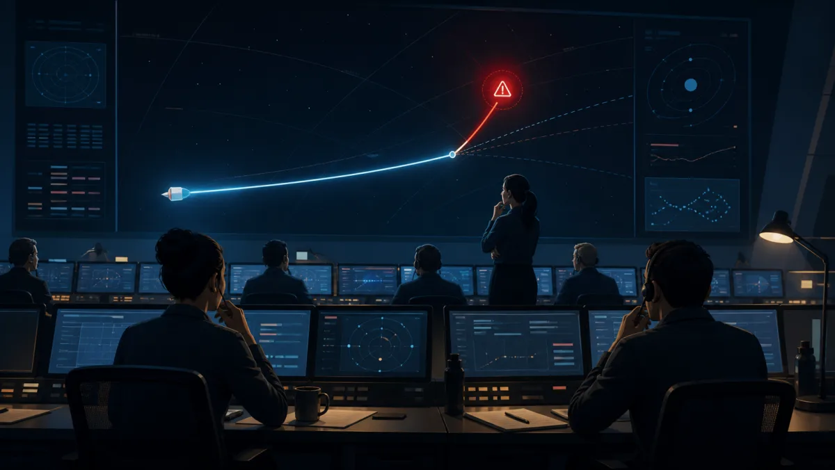 A generic mission control team monitoring a spacecraft trajectory that develops a warning kink