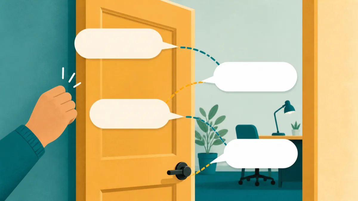 A hand knocking on an open office door with alternating blank speech bubbles