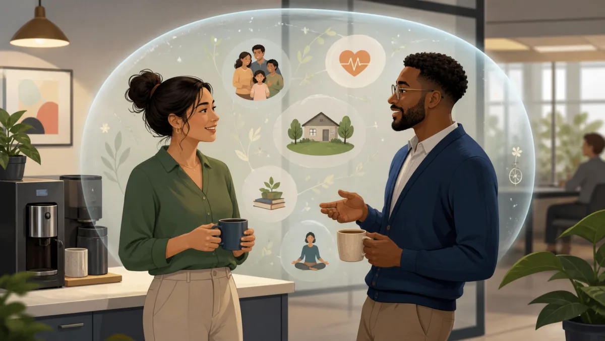Two coworkers chatting over coffee within a soft boundary of personal-life icons