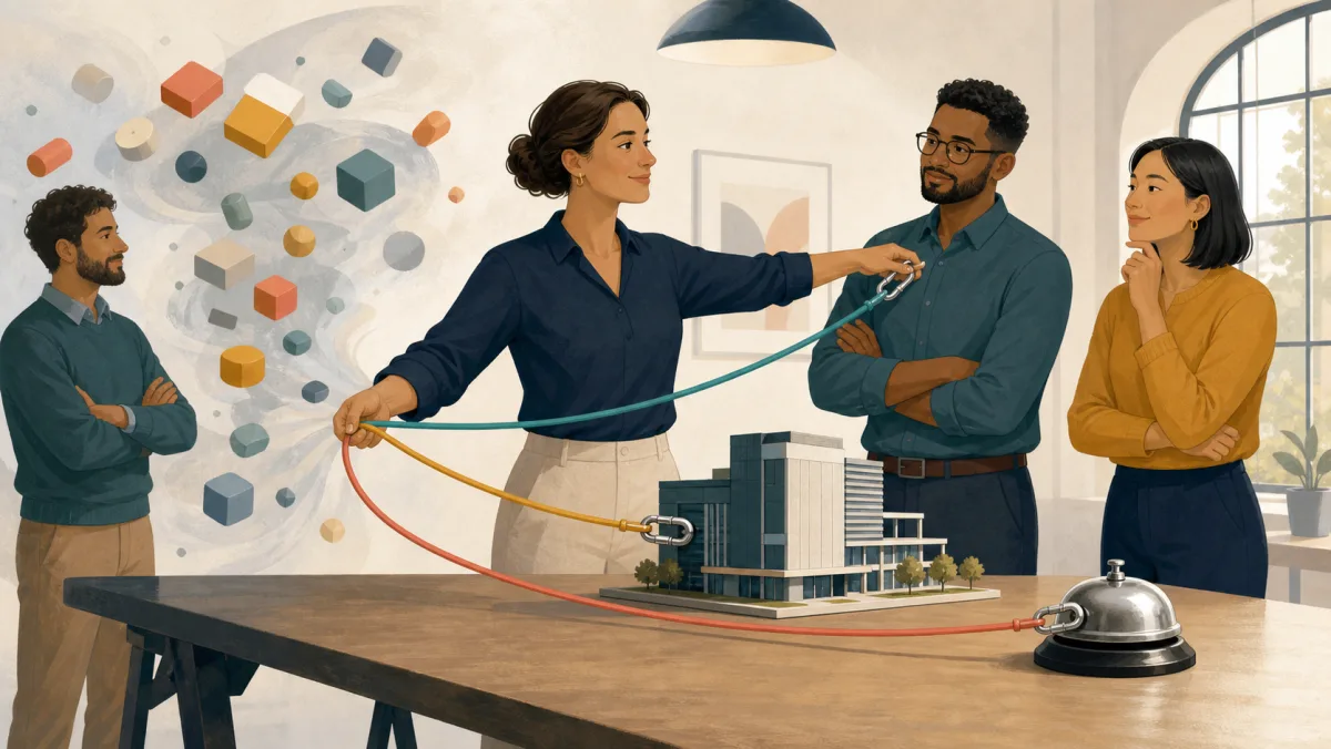 Project lead connecting colored cords to a colleague, a building model, and a review bell