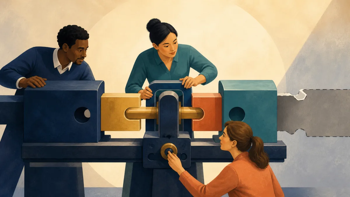 Three colleagues adjust intersecting pathways until they meet at one shared destination.