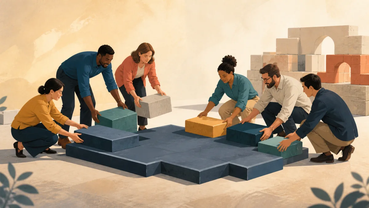 Two teams connect complementary bridge sections across a narrow gap.