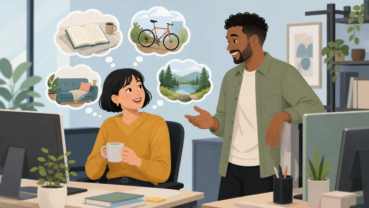 Two coworkers making Monday small talk with thought bubbles showing several kinds of weekend activities