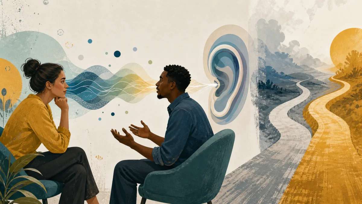 One coworker listening as speech waves reach an abstract ear while two decision paths remain separate