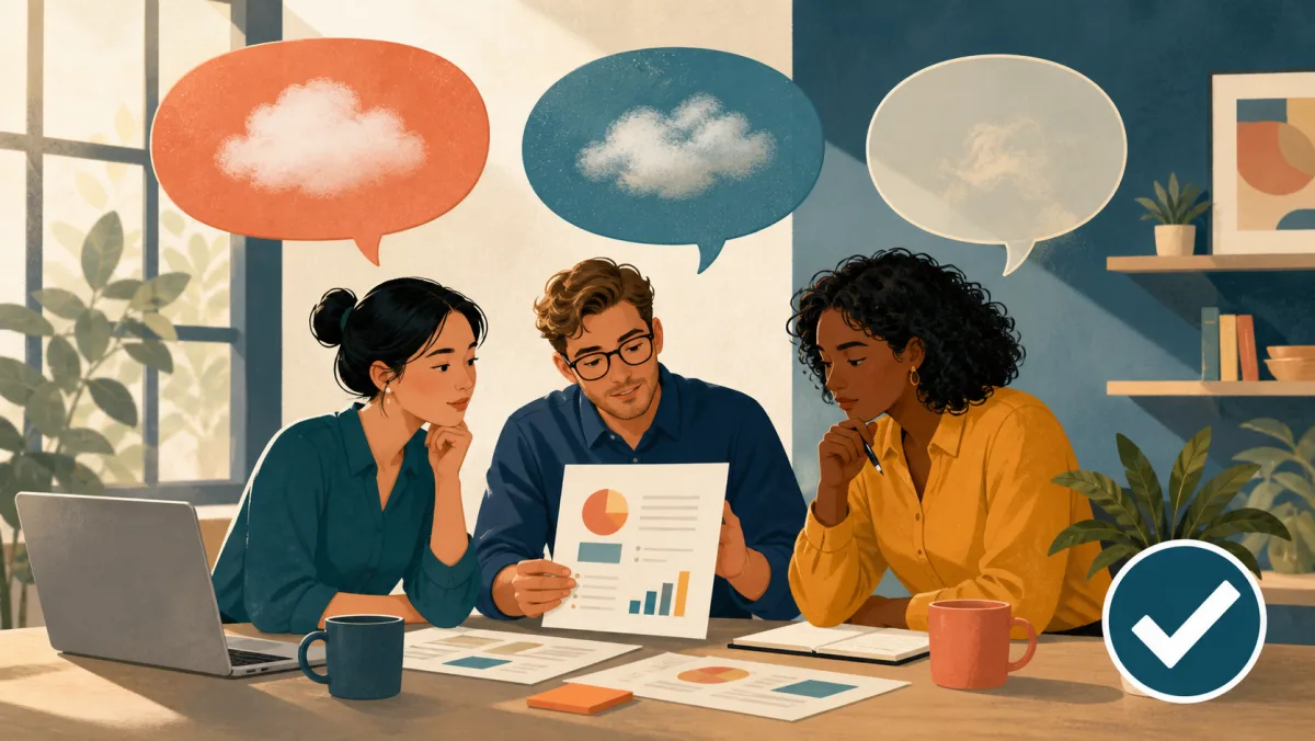 Colleagues examining three softly shaded speech bubbles before confirming a clear decision