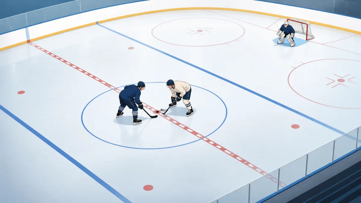 Two unbranded hockey players facing off at center ice with a goalie at one end of a generic rink
