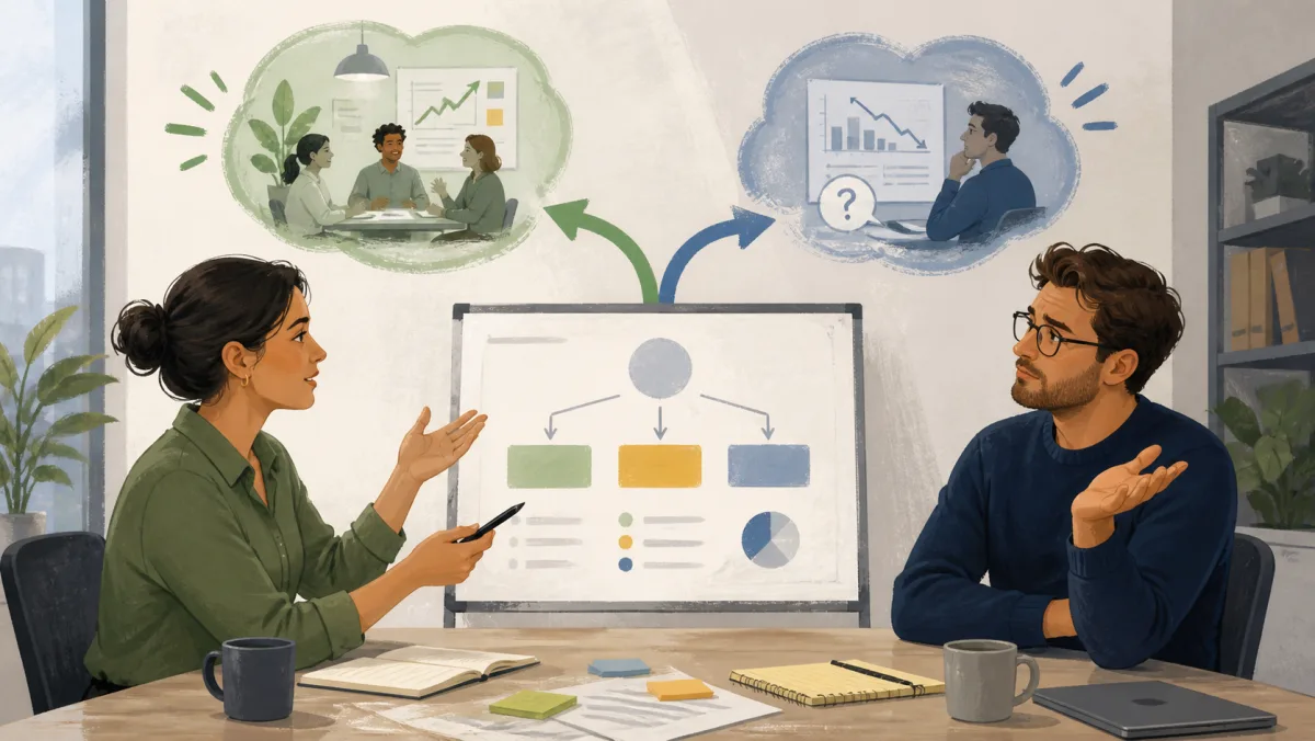 Two coworkers discussing a plan while visual branches suggest acceptance and skepticism