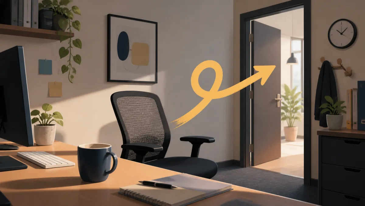 An empty office chair with a looping return arrow pointing toward an open doorway