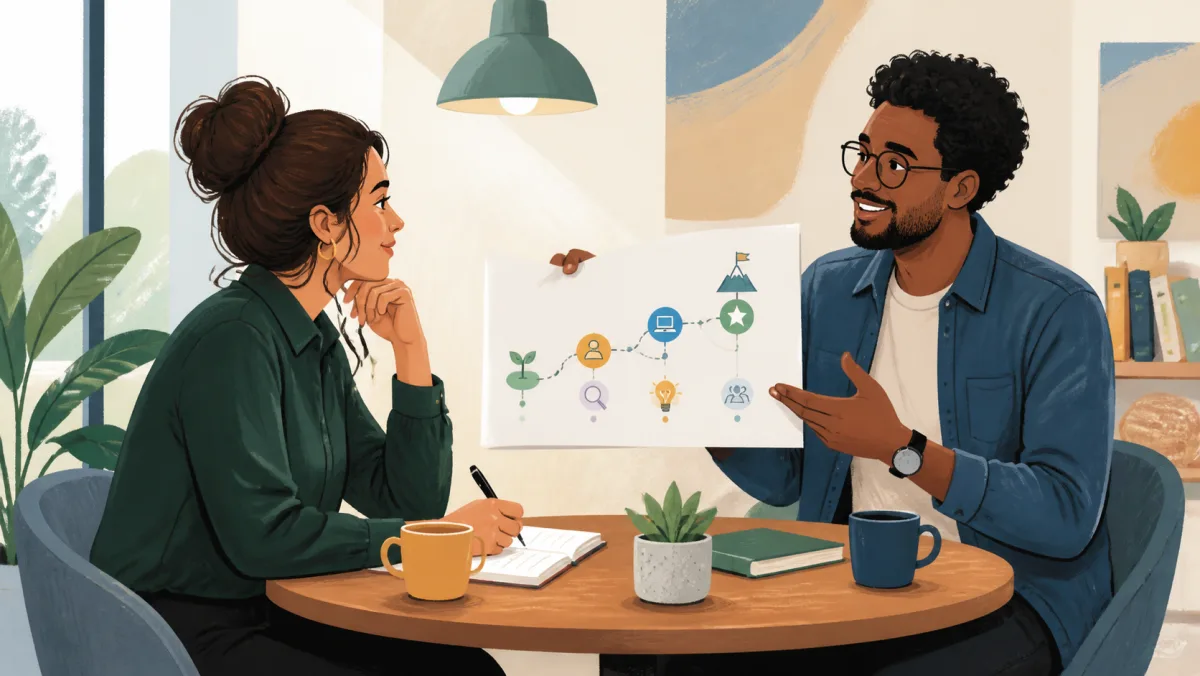 Two professionals having a relaxed career conversation while one shares a visual career-path map