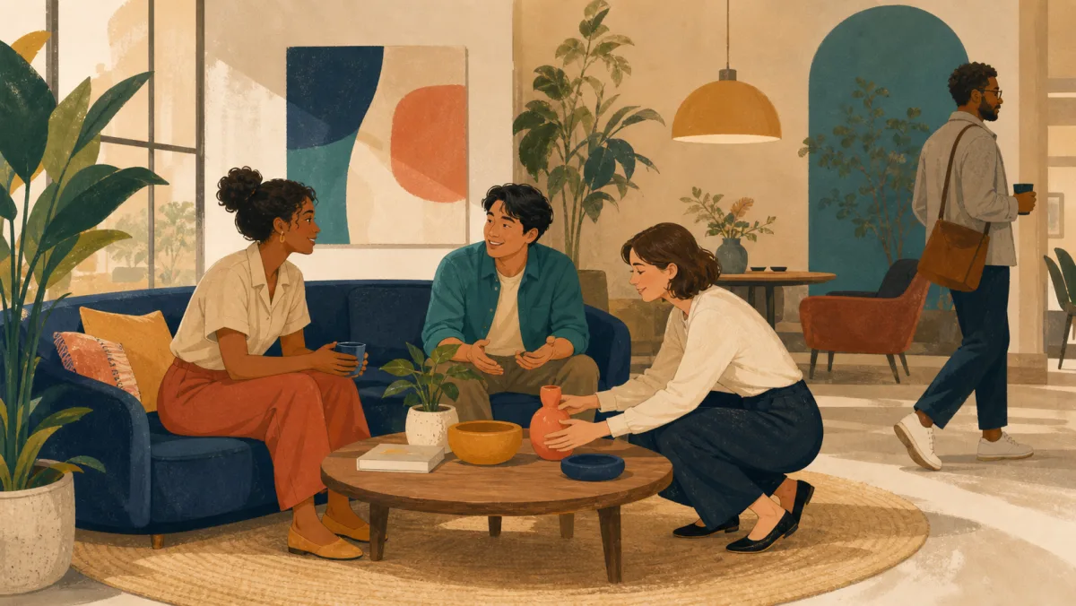A colleague lightly joining an informal lounge conversation while another passerby continues on
