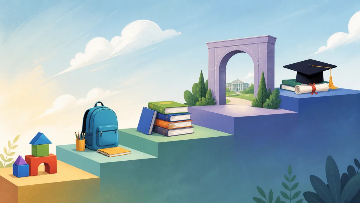 Learning steps progressing from childhood blocks to school books, a campus, and a graduate degree