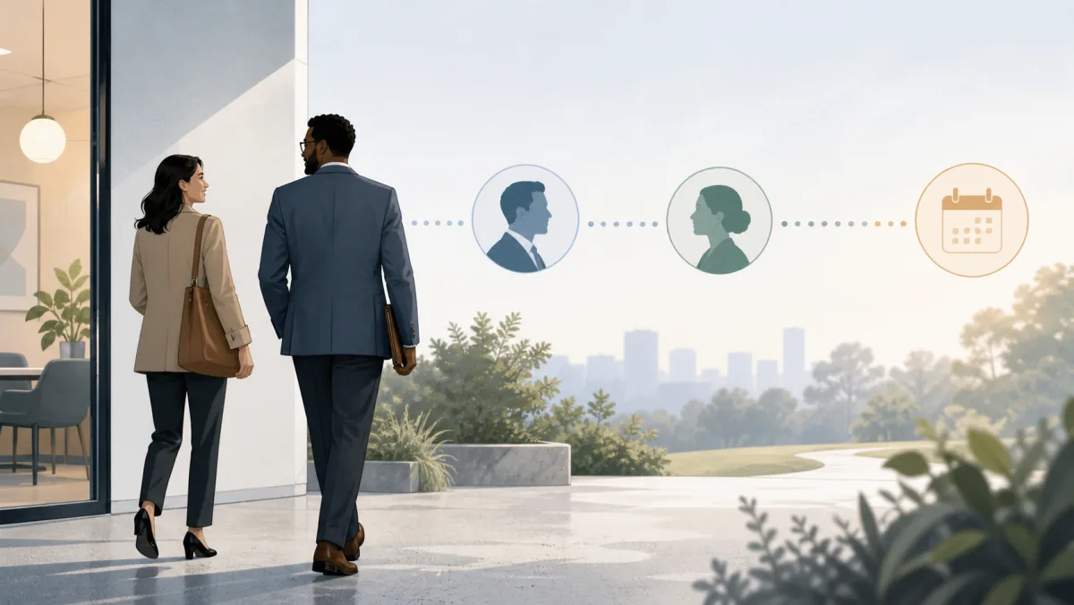 A candidate and interviewer leaving a meeting while a dotted connection extends toward a future calendar