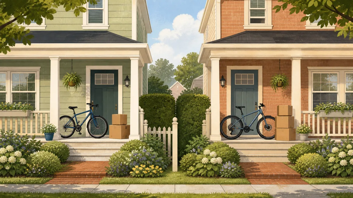 Two neighboring homes with similar bicycles and a subtly increasing number of delivery boxes