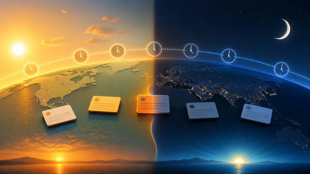 Task cards placed across daylight, night, time zones, and multiple clocks