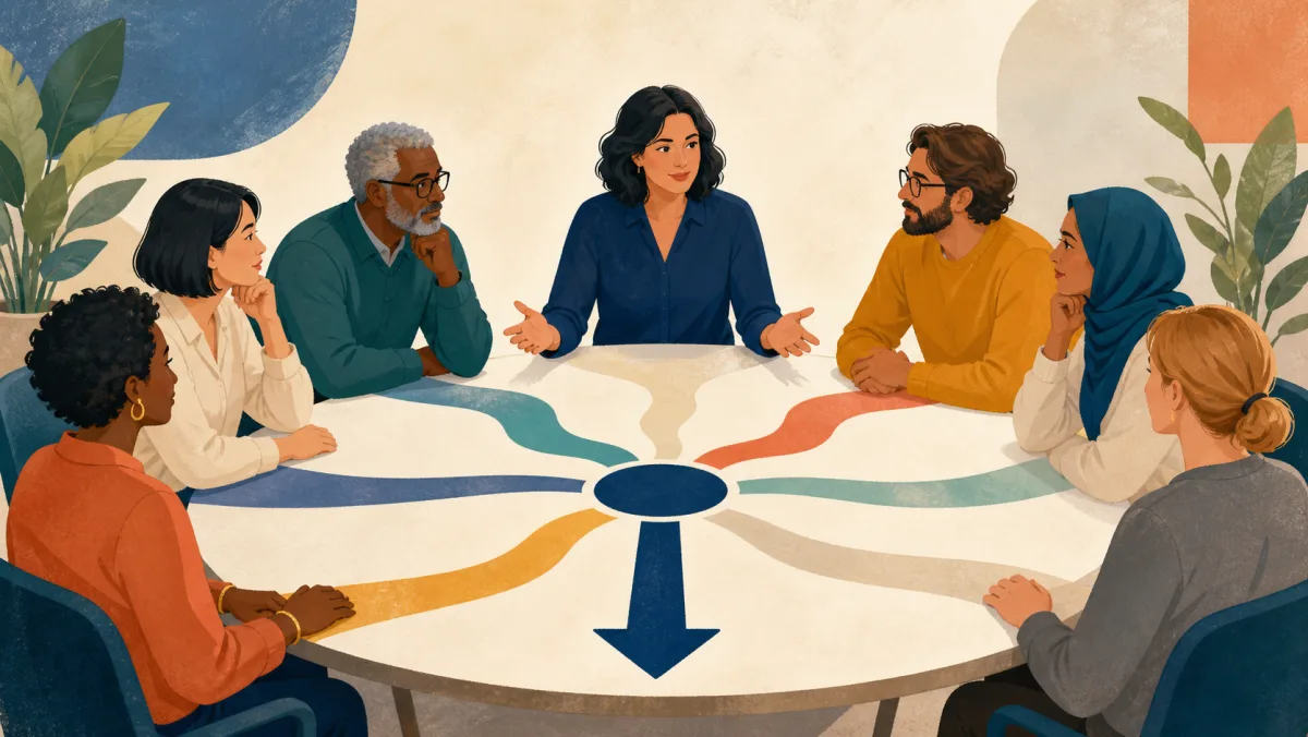 A meeting leader guiding equal participants’ colored paths into one decision and next step