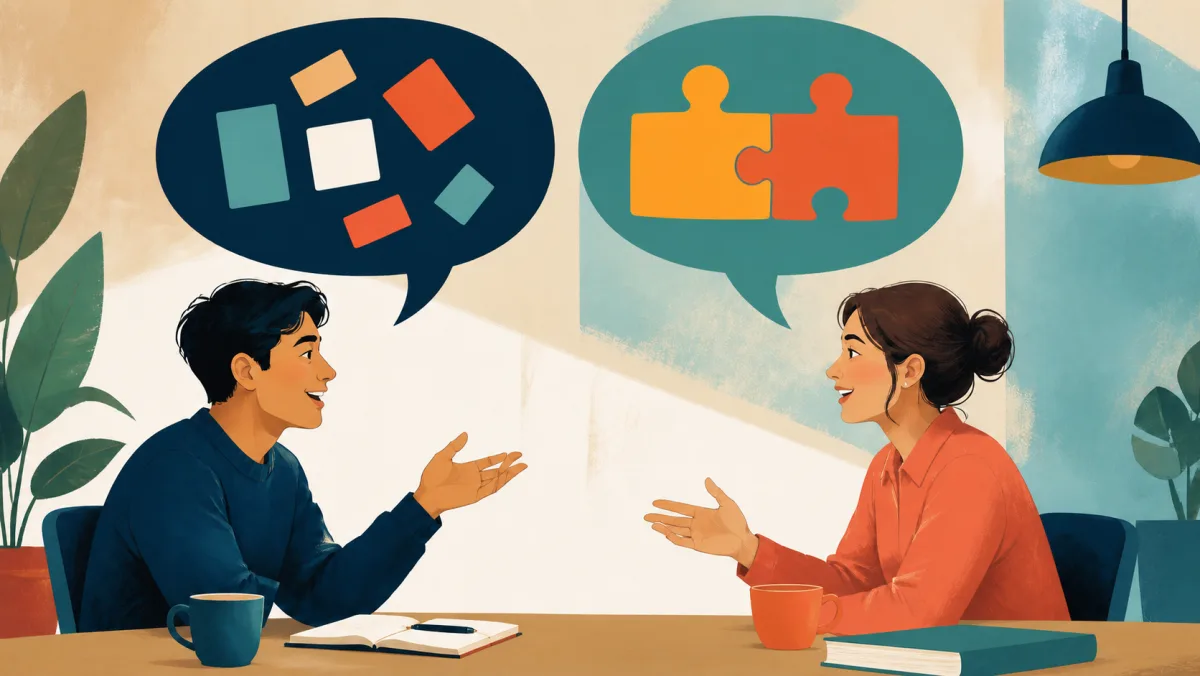 Isolated language blocks contrasted with two connected puzzle pieces during a workplace conversation