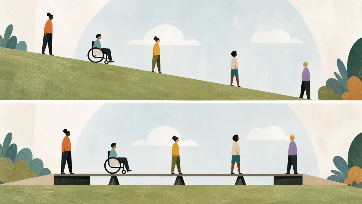 People on an uneven field above and an accessible level platform below
