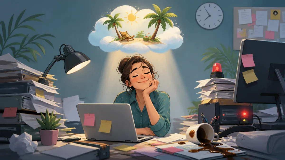 An office worker imagining a tropical escape amid overflowing work and spilled coffee