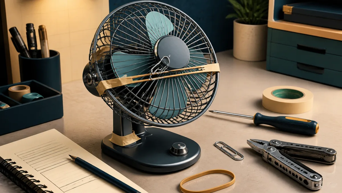 A small desk fan improvised with tape, rubber bands, and paper clips beside generic tools