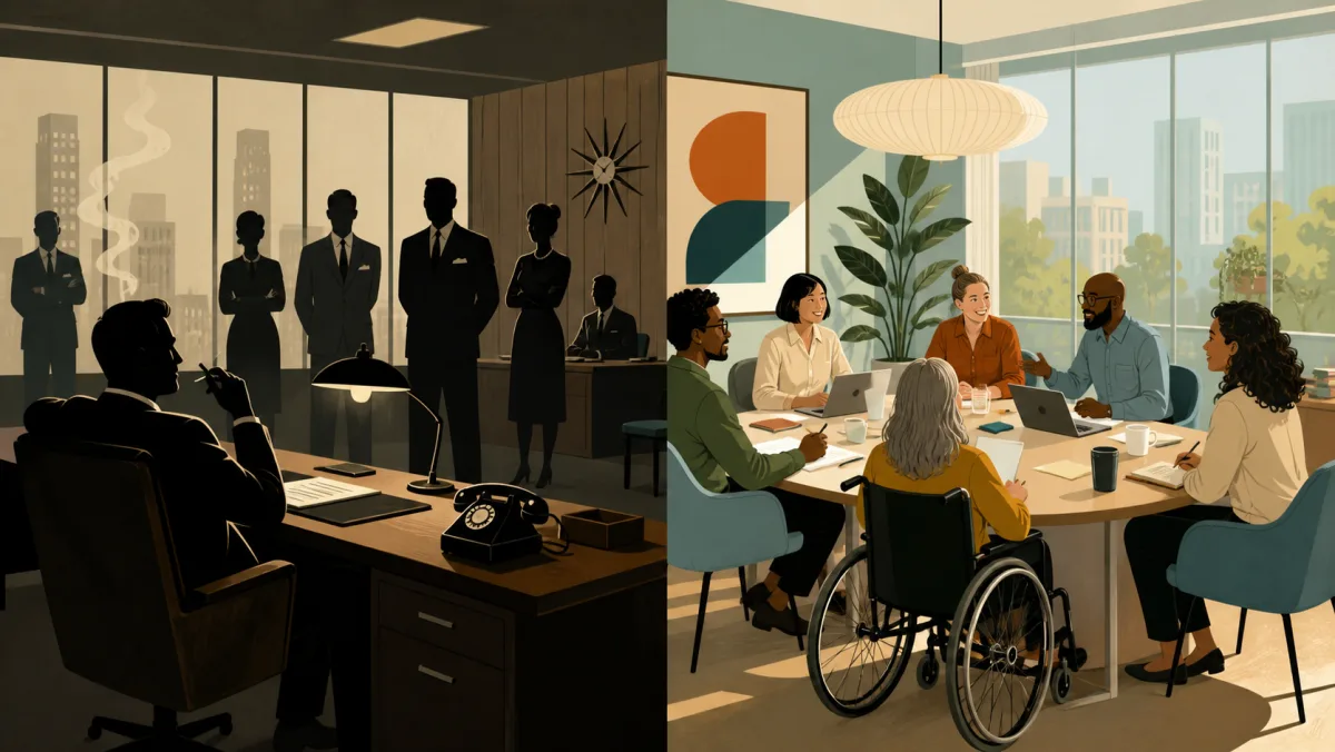 A dark hierarchical period office contrasted with a bright inclusive modern meeting