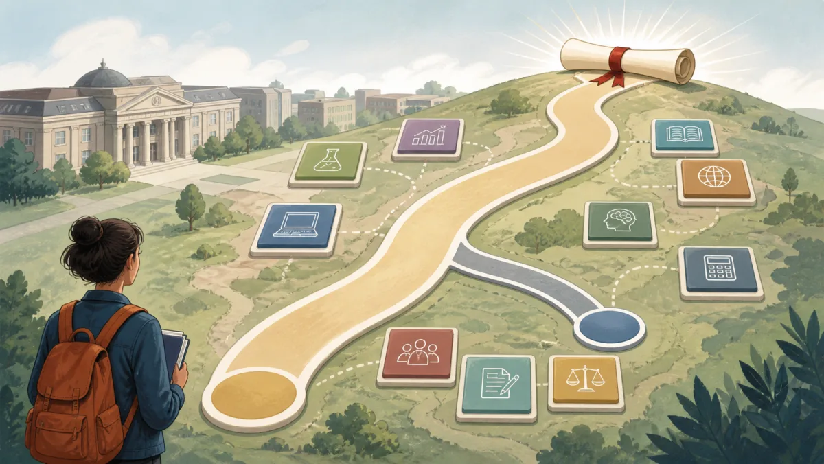 A student viewing a study map with a primary path, secondary branch, course icons, and a degree