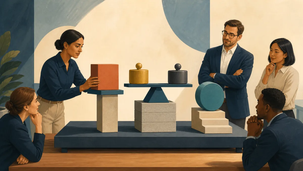 Professionals evaluate a balanced structure built from evidence, trade-off weights, and a practical forward path